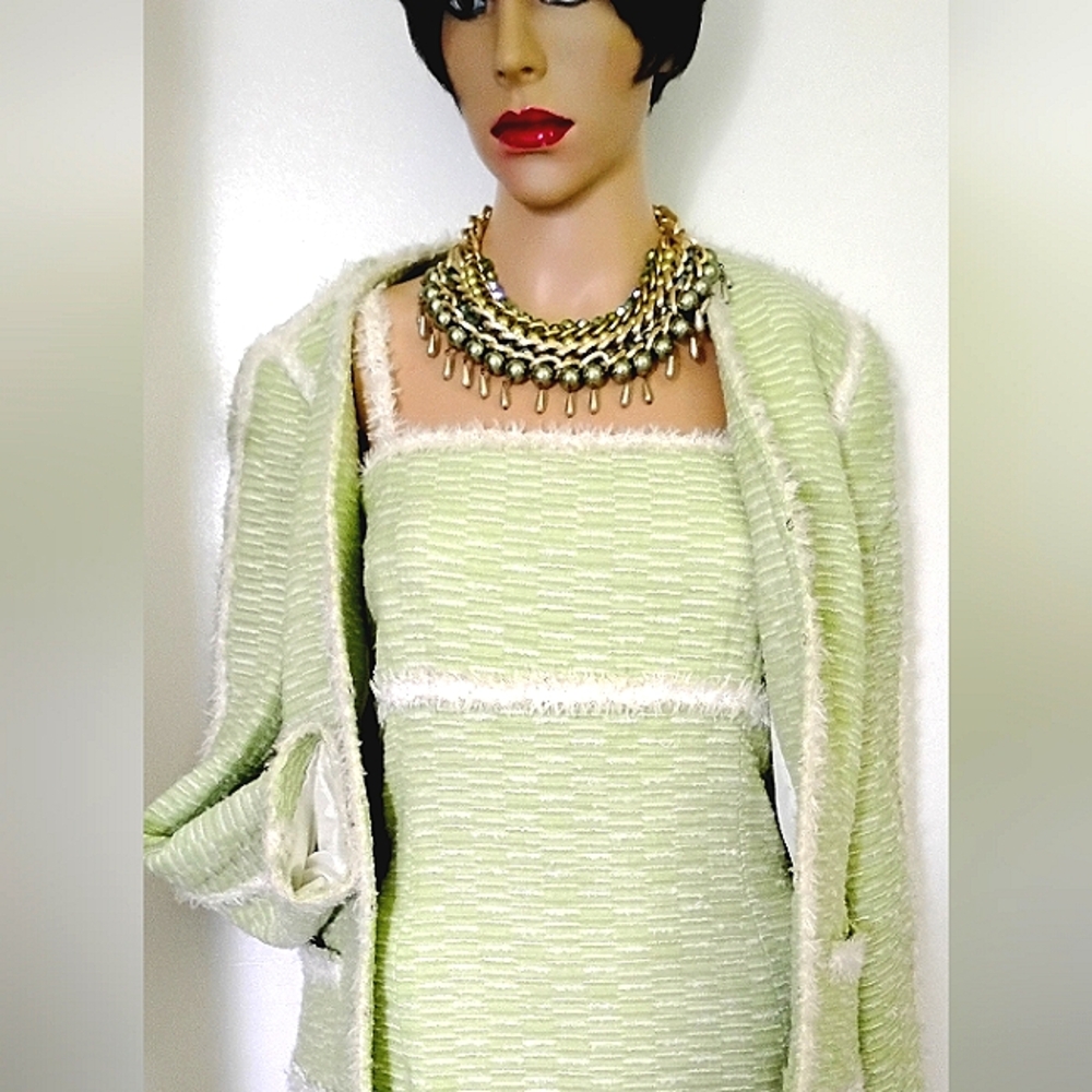 SOLD! ESCADA 8- 12 TWEED BOUCLE GREEN WHITE EYELASH WOOL COTTON SKIRT DRESS SUIT - Picture 6 of 11